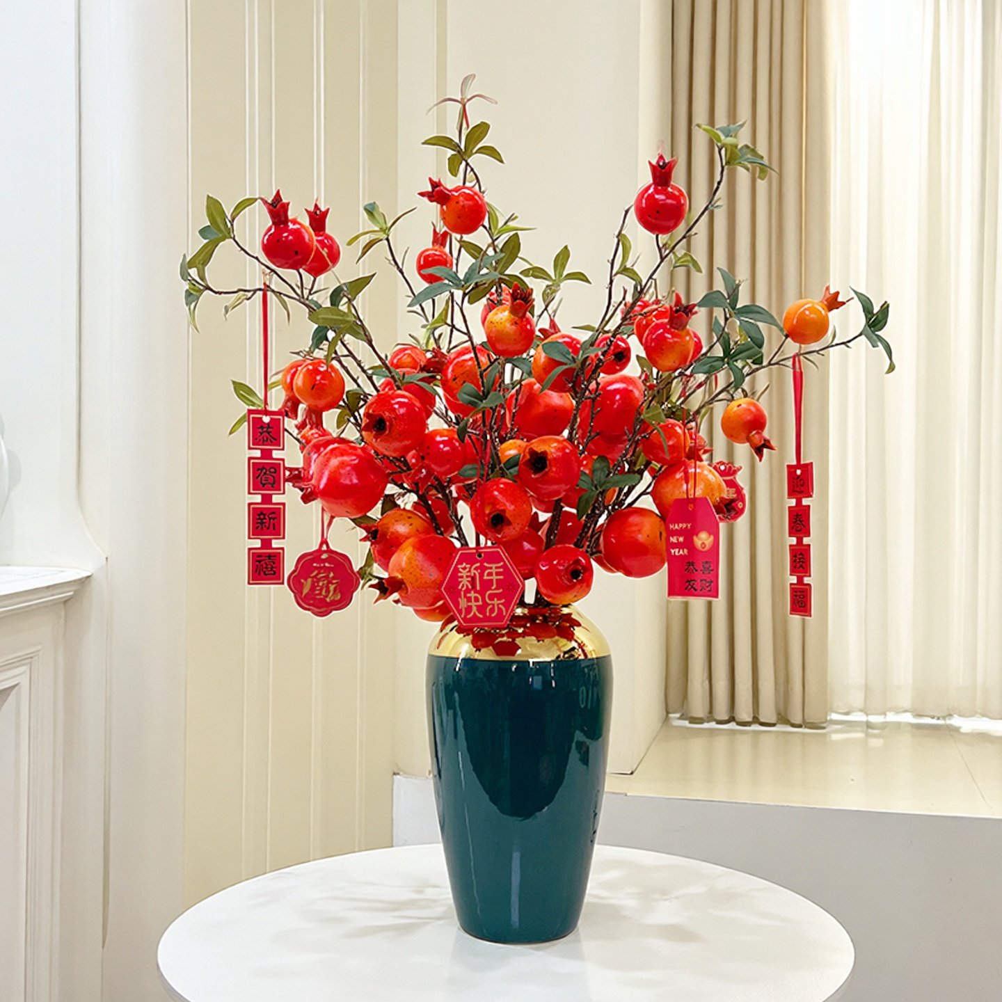 中国风仿真石榴果摆件柿子树枝红浆果发财果假花客厅装饰玄关插花