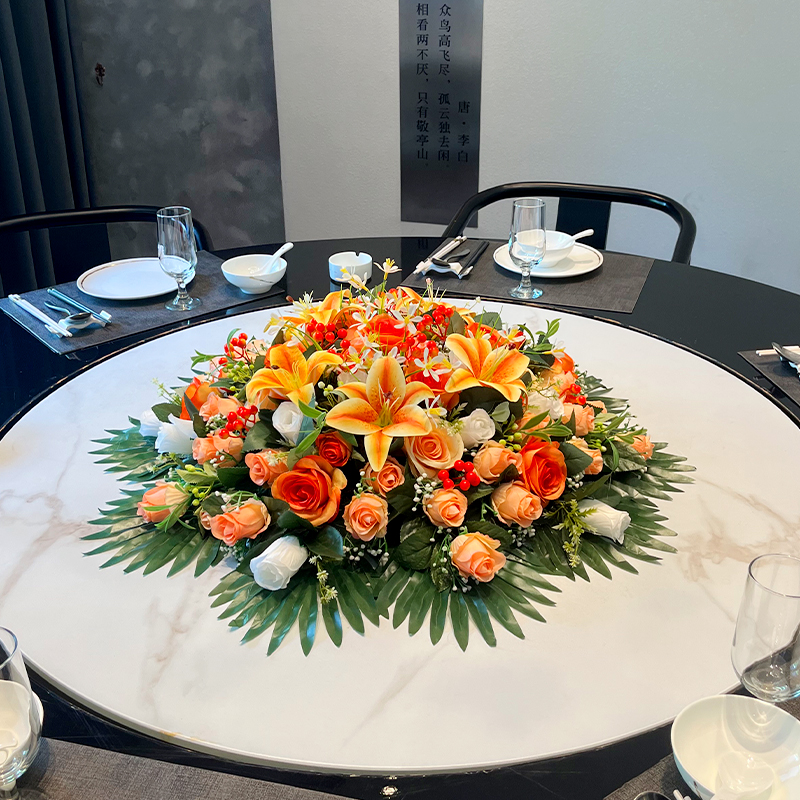 酒店餐桌花饭店餐厅高端仿真假花大圆桌中间转盘摆花装饰花艺摆件