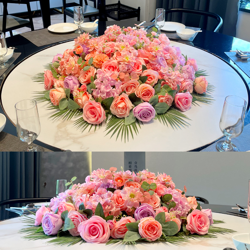 高端酒店摆花彷真花包厢大圆桌中间摆件餐桌花圆形转盘假花装饰花