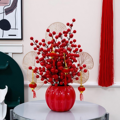 新年花艺摆件发财果仿真花摆设假花冬青红果客厅餐桌花装饰花干花