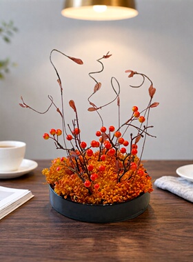 高级感餐桌花艺摆件仿真花红色浆果装饰圆形黑色花器家居酒店摆设