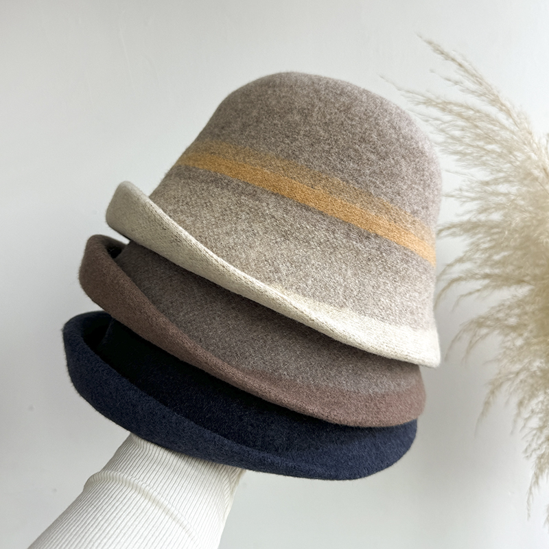 帽子女秋冬羊毛呢拼色卷边渔夫帽时尚优雅百搭可折叠礼帽护耳帽潮