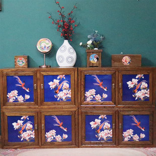 实木84*35*44轻奢老榆木镶嵌瓷板画电视柜卧室组合柜对开门斗柜