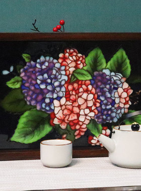 老榆木茶盘手绘瓷板画桌面摆件瓷