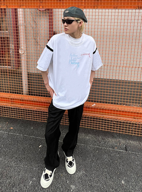 DMENSION23夏小众双领破坏撞色拼袖印花刺绣设计感短袖T恤宽松