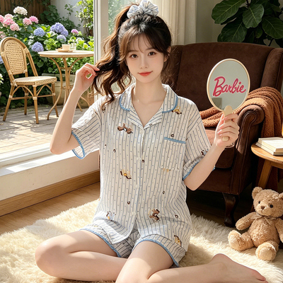 可爱波点腊肠狗夏季新款翻领开衫短袖短裤舒适少女款家居服可外穿