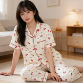 新款 学生宿舍家居服可外穿 套装 蝴蝶结印花甜美女睡衣仿棉短袖 长裤
