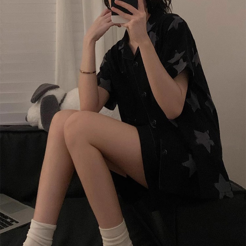 韩版星星印花ins夏季睡衣女款短袖三件套高颜值气质慵懒风家居服