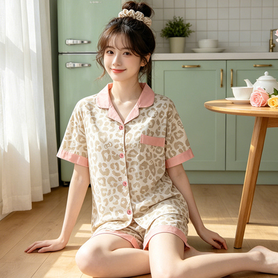 2026甜美设计感豹纹夏季舒适短袖短裤俩件套舒适居家服可外穿套装