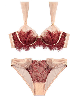 法式超薄防下垂上托性感蕾丝大胸显小少女甜美大码文胸内衣女套装