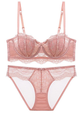 法式！性感蕾丝内衣女半杯无肩带防滑软钢圈美背大胸显小文胸套装