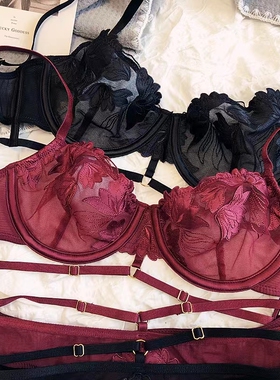 法式！欧美性感蕾丝微透纯欲微透明文胸套装超薄刺绣内衣美背胸罩