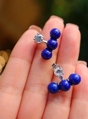 青金石耳钉 925银镀白金 天然 时尚 百搭款式