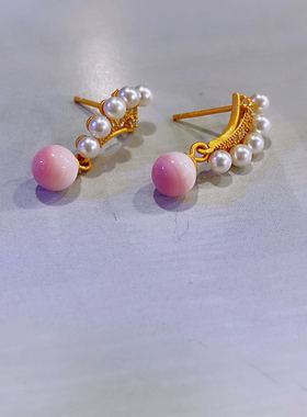 女皇贝耳钉镀厚金时尚风珍珠