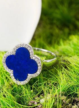 青金石四叶花介指天然款式纯银镶嵌