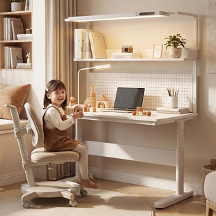 简约现代实木电脑桌书架一体桌小户型学生家用带护眼灯白色