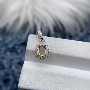 S925纯银吊坠空托椭圆形5*7mm简单围钻百搭橄榄石石榴石透辉石银