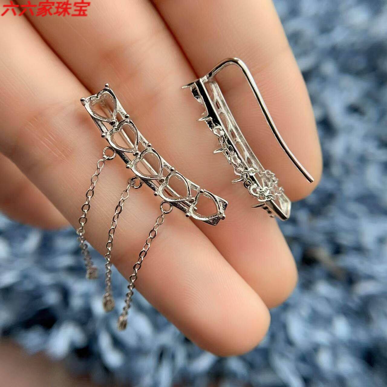 S925银耳环空托心形排钻流苏耳环