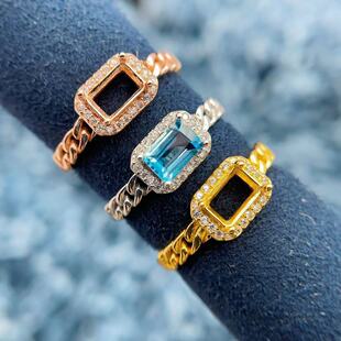 S925纯银戒指空托长方形4*6mm编织带钻闪亮简单经典百搭时尚个性