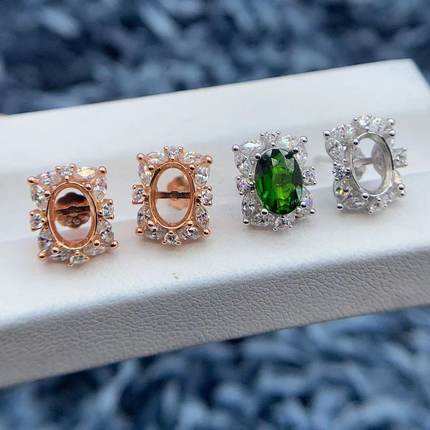 S925纯银耳钉空托椭圆形5*7mm奢华复古耳托透辉石橄榄石碧玺翡翠