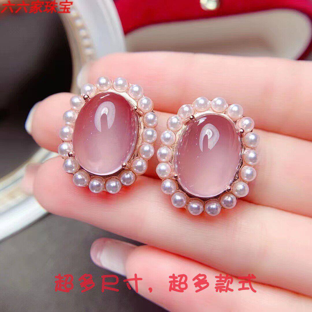 s925纯银耳钉椭圆形珍珠水晶