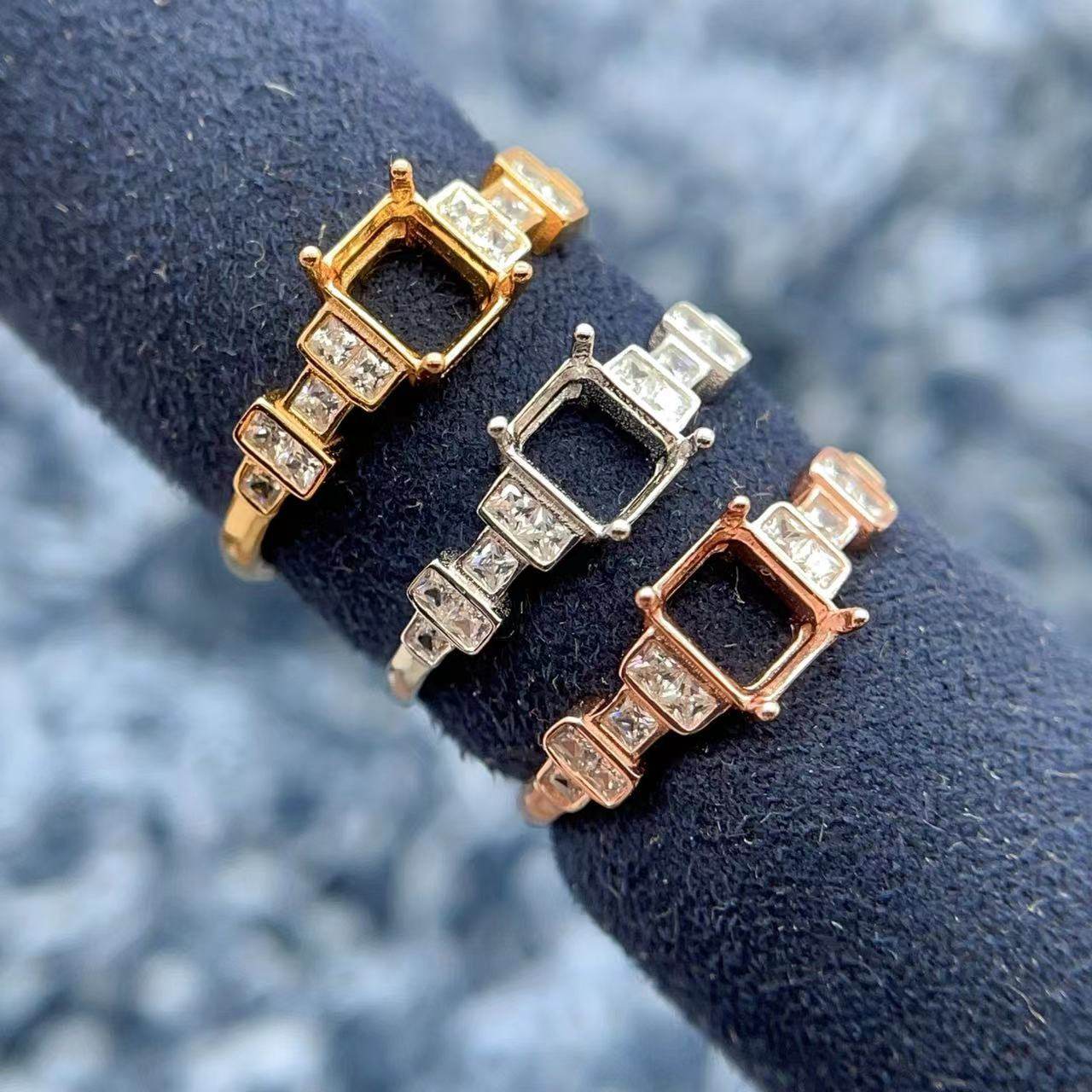 S925银戒指空托方块钻石轻奢百搭