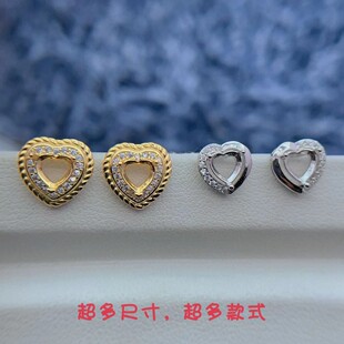 s925银耳钉空托心形5*5mm彩宝耳托简约气质国风耳饰纯银宝石底托