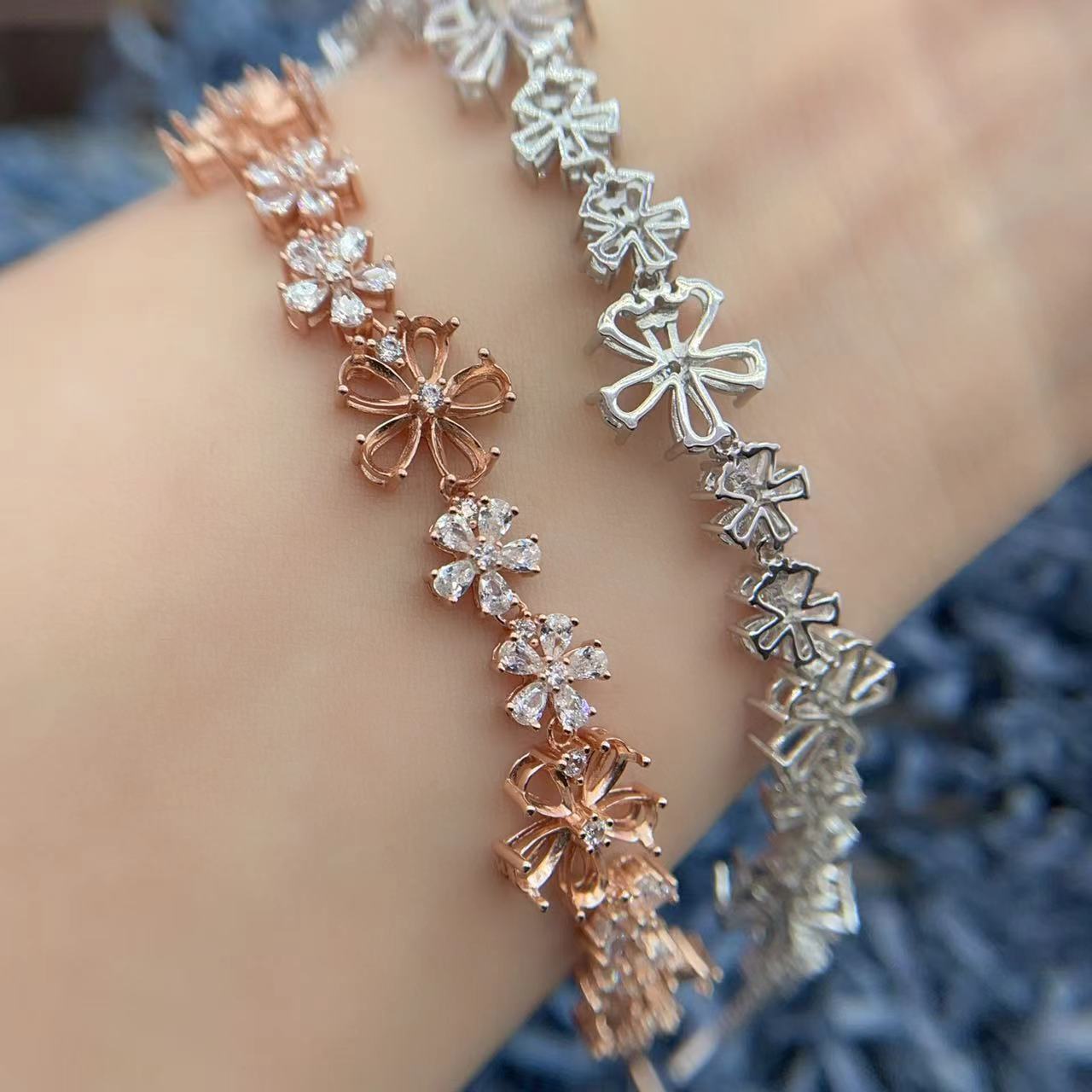 S925银手链空托花朵轻奢小众饰品
