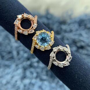 S925纯银戒指空托圆形8*8mm倾斜款式带钻闪亮精致时尚奢华高贵女