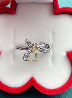 S925银戒指空托椭圆形4*5mm清新气质蝴蝶结戒托可定制祖母绿红宝