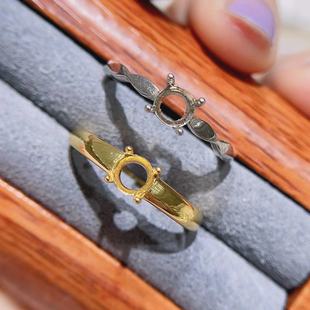 S925银戒指空托圆形5*5mm光面波浪款戒托银镀黄金色玫瑰金色可选