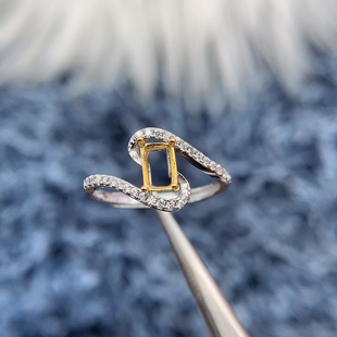 S925纯银戒指空托长方形4*6mm倾斜戒臂小众个性双金色玉石水晶银