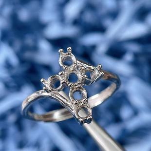 S925银镀18k金十字架戒指空托圆形3*3mm可定制蓝欧泊男女指环成品