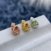 S925纯银吊坠空托圆形4 4mm简约小项坠橄榄石石榴石祖母绿小滴流