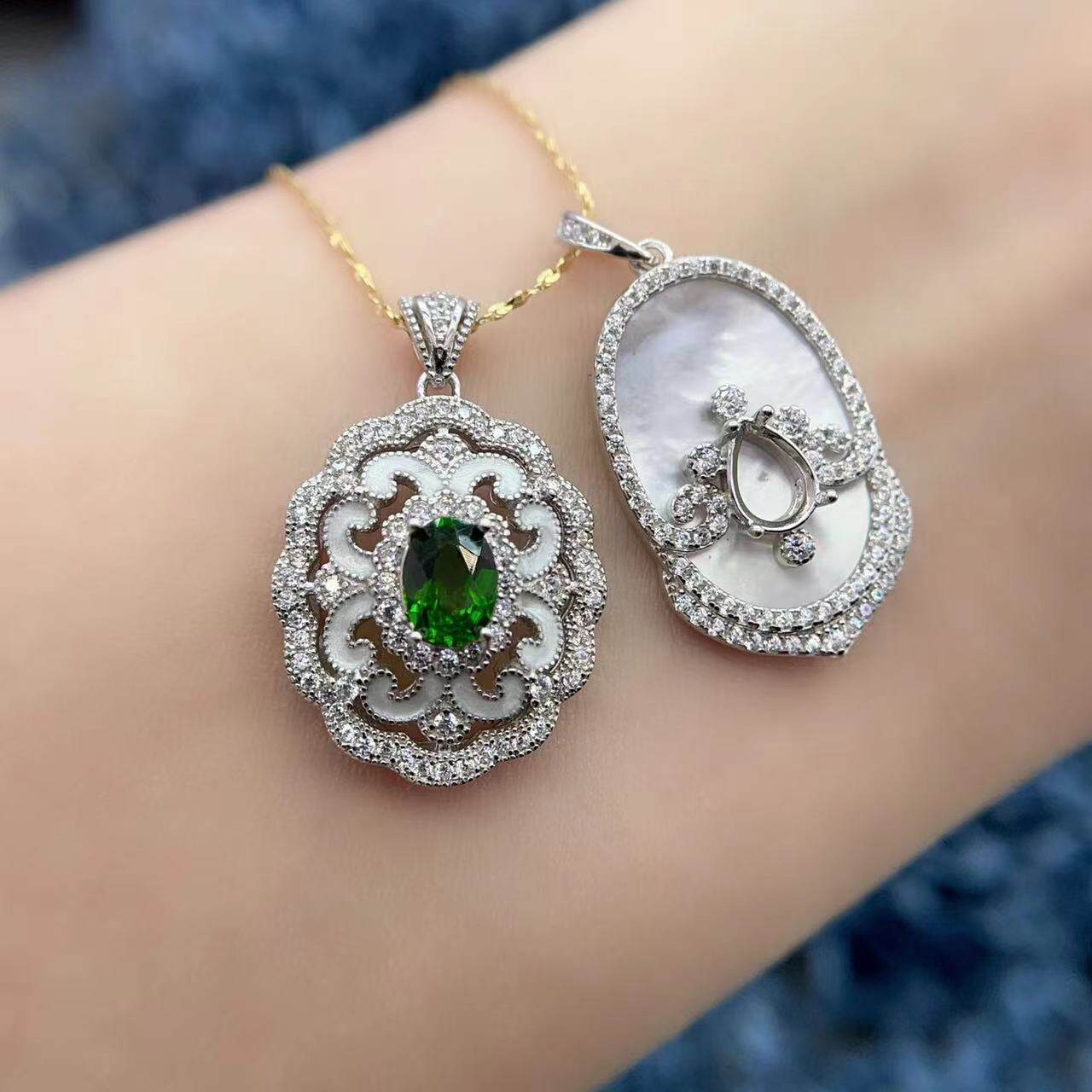 S925纯银吊坠空托水滴形椭圆形5*7mm精工贝母珐琅工艺奢华贵气女