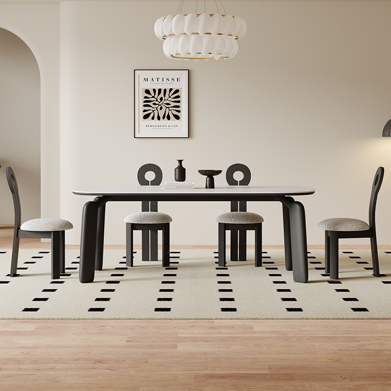 复古奶油风实木岩板餐桌椅组合现代简约小户型白蜡木长方形饭桌子