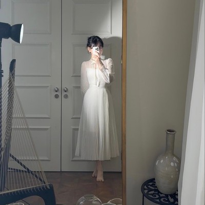 风花月  提花银丝百褶学院小白裙