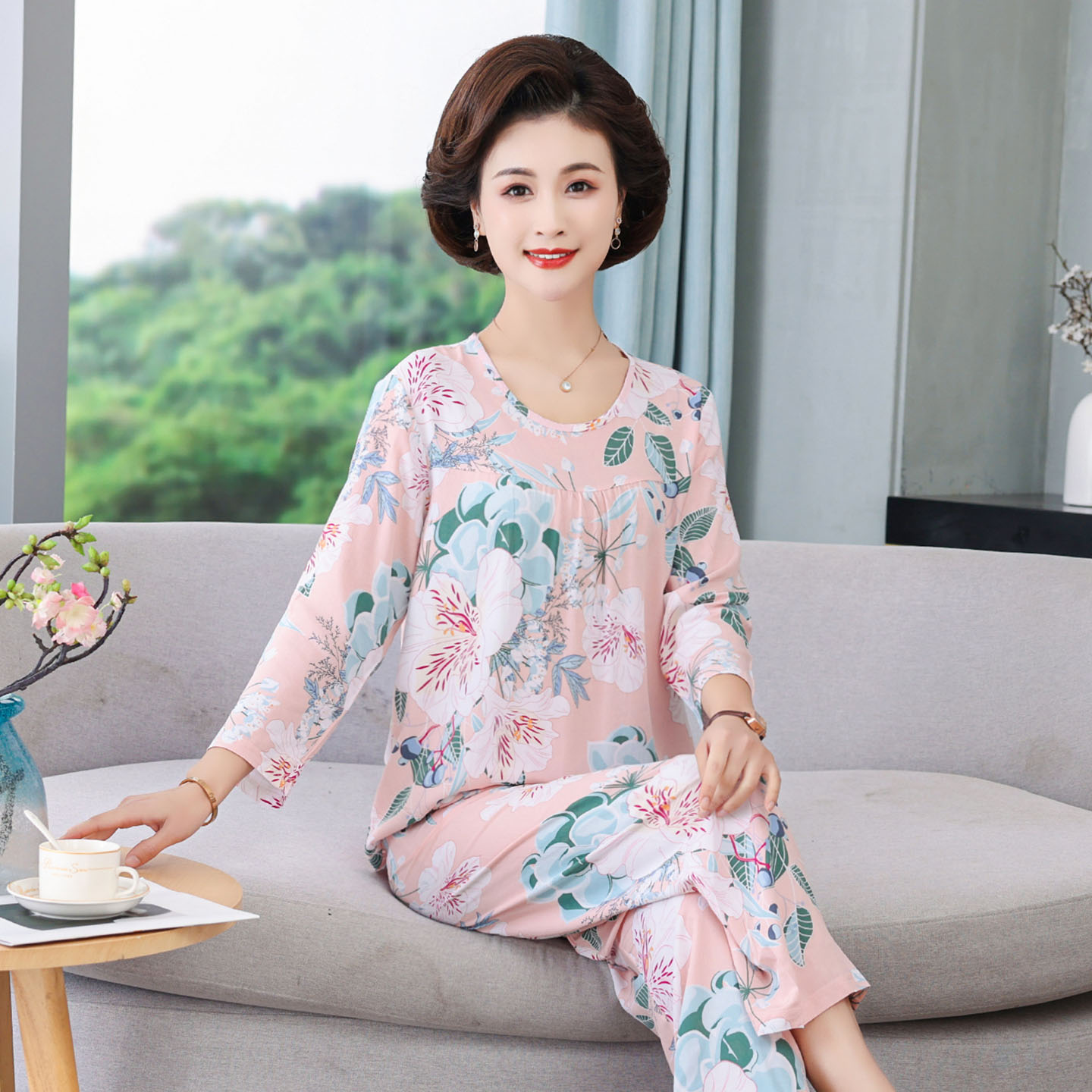 大码妈妈老人绵绸两件套装夏季