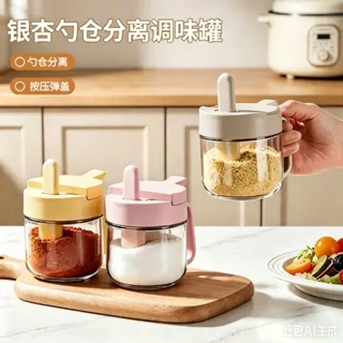 哈乐熊玻璃勺仓分离调味罐