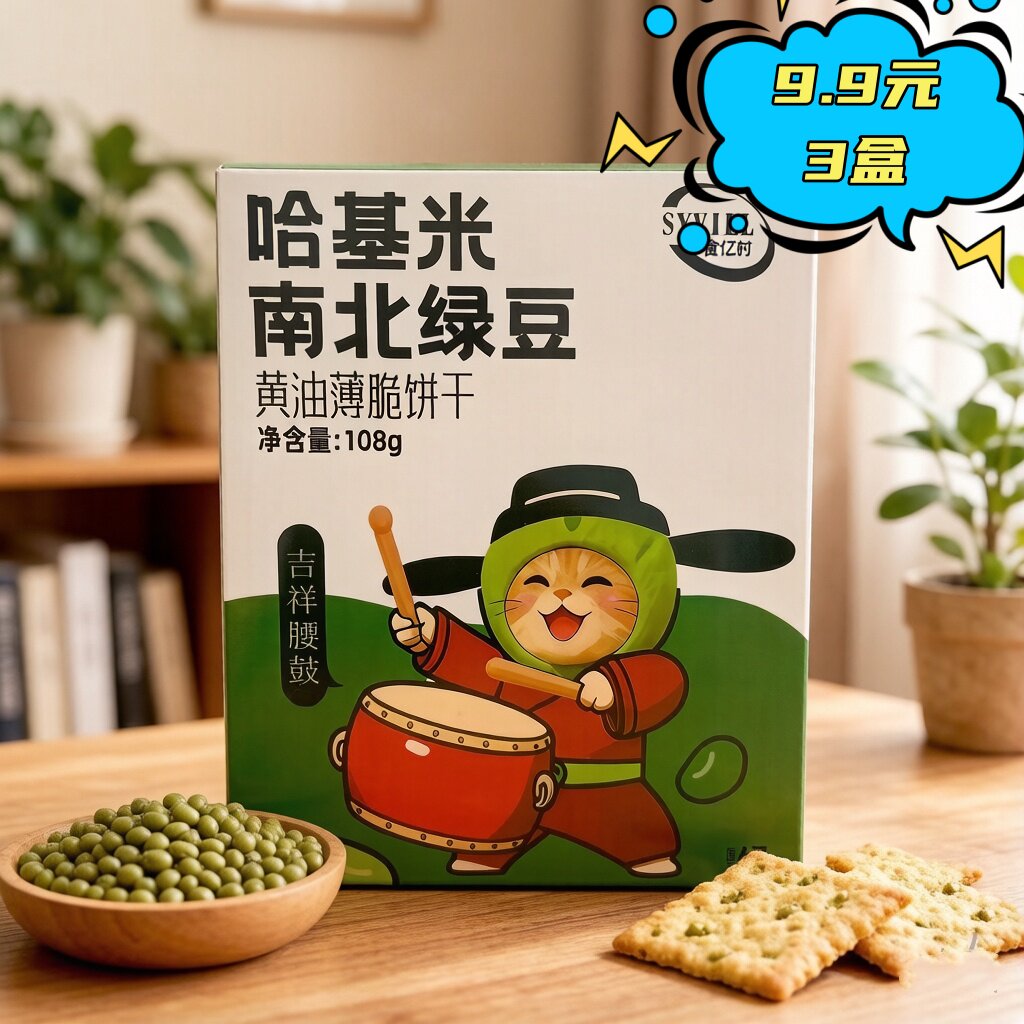 临期特价 食亿村哈基米黄油薄脆饼干(绿豆味)108g  休闲 零食
