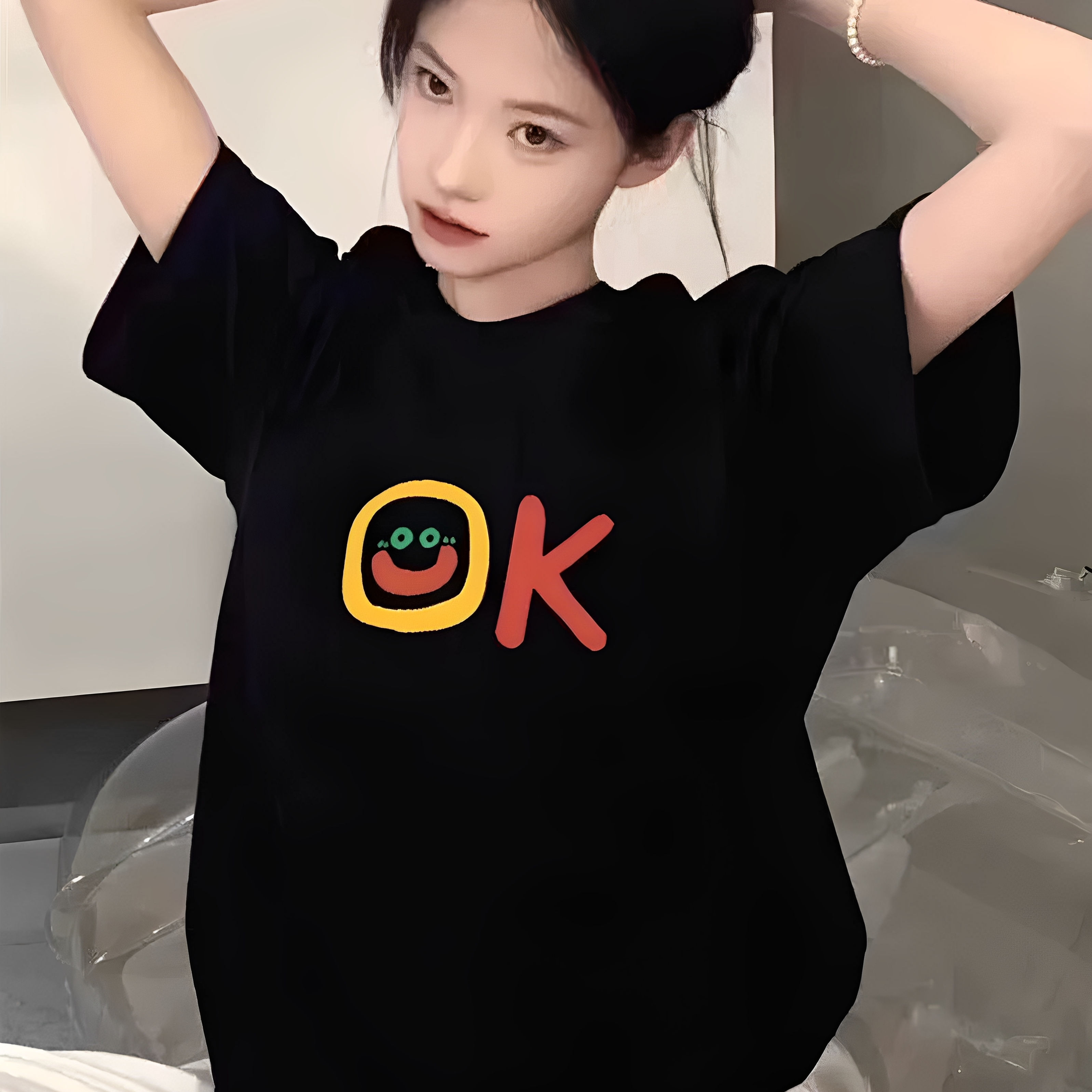 黑色纯棉短袖T恤女夏2025新款多巴胺独特超好看显瘦宽松韩系上衣