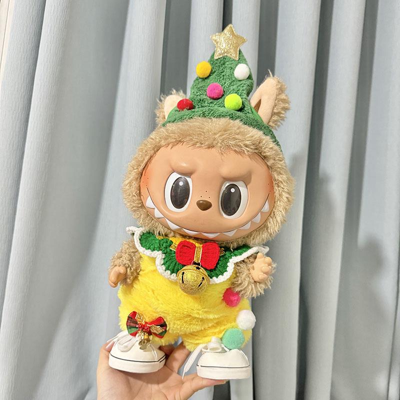 38cm拉布布毛绒娃娃衣服着替搪胶Labubu公仔衣服圣诞黄铃铛套装萌