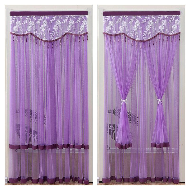 双层纱门帘防蚊虫免打孔挂帘魔术贴伸缩杆蕾丝隔断帘装饰简约家用