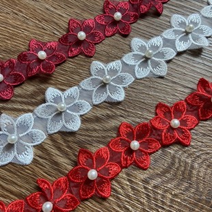 包邮红色单层欧根纱钉珍珠花边服装辅料手工DIY家居布艺窗帘材料