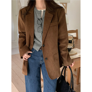 法式复古西装领单排扣宽松长袖灯芯绒夹克外套女涤纶2026年春季
