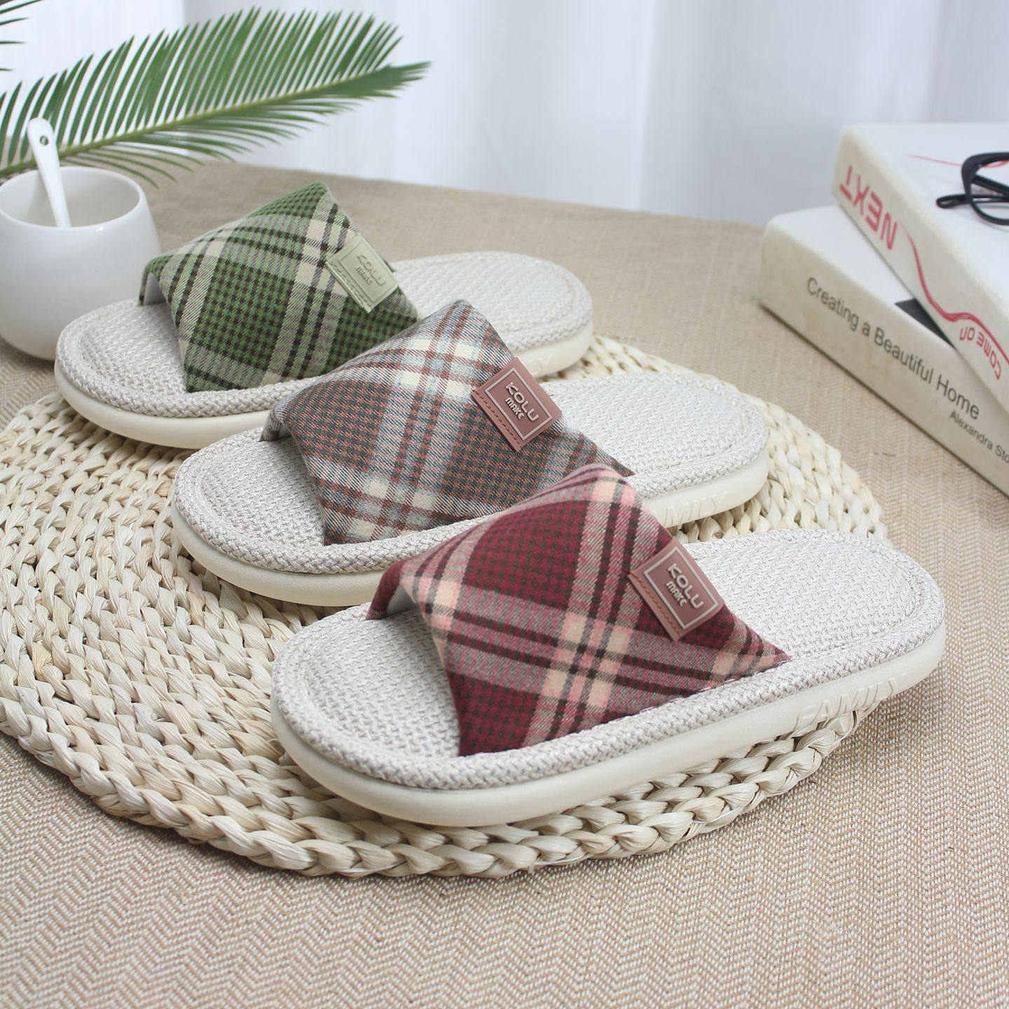 快鹿日式棉麻拖鞋女新款春季地板居家居格子控亚麻四季布拖鞋男款,居家布艺,居家亚麻拖鞋,淘宝优惠券,粉丝福利购,淘宝优惠卷