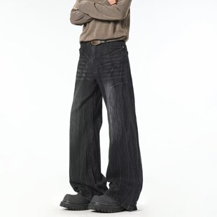 明星同款 男嘻哈做旧宽松阔腿长裤 港风新款 牛仔裤 拉链春季 个性