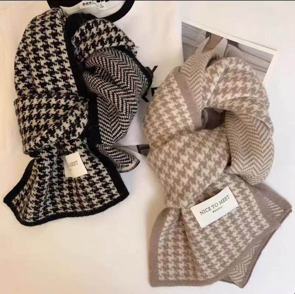 千鸟格围巾秋冬季女冬天高级感百搭时尚韩版格子韩版学生保暖围脖