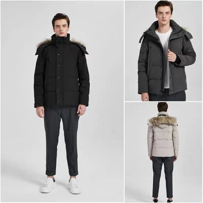 出口日本 2025新款大鹅绒羽绒服短款王凯加厚男女款狼毛黑色黑标
