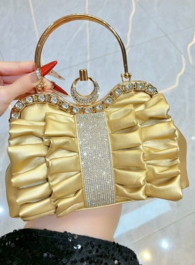 MissingYou镶钻手拎包女时尚名媛晚宴包精致褶皱手提包链条斜挎包